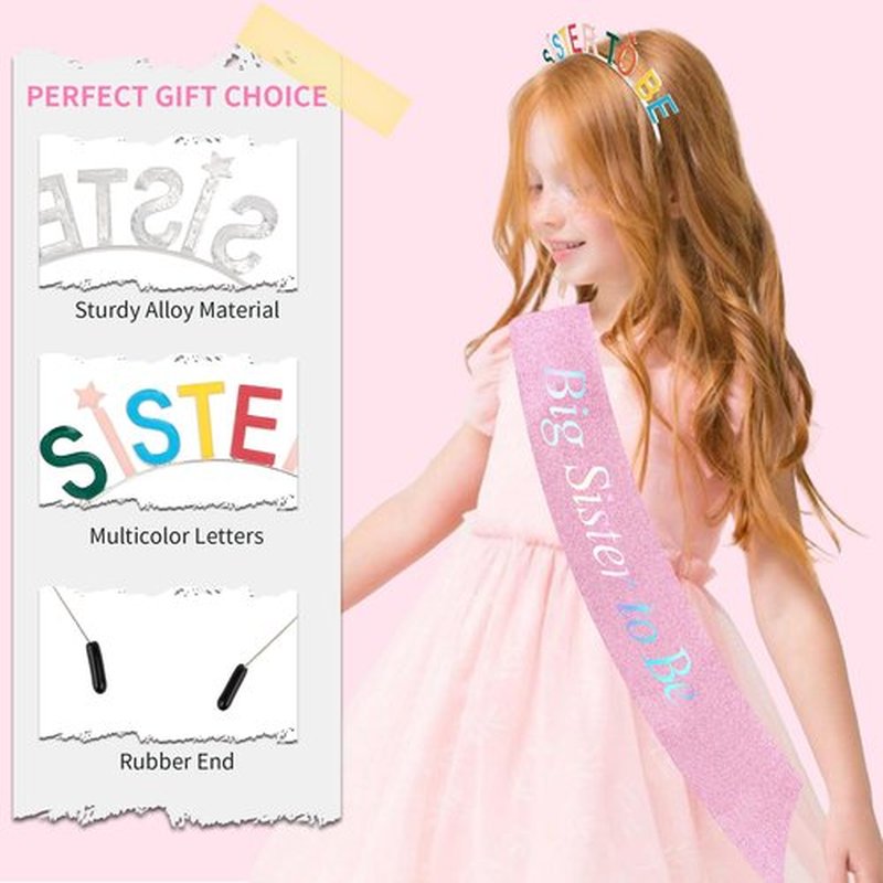 Exacoo Big Sister to Be Set Baby Shower Glitter Pink Sash Multicolor Headband Promoted to Be New Big Sis Announcement Gifts for Daughter Older Siblings of New Baby Party Supplies Accessories