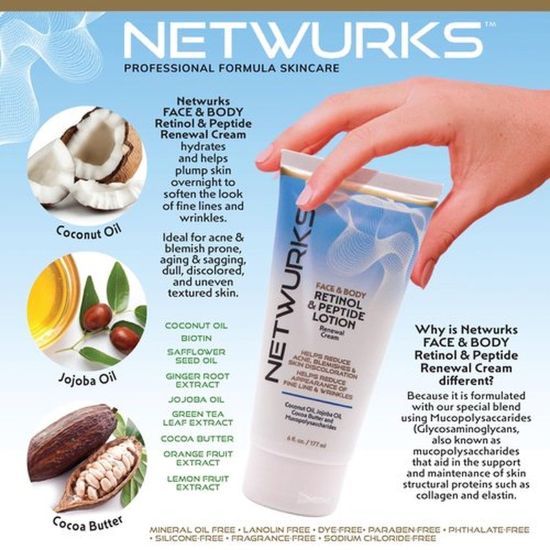 NetWurks Retinol & Peptide Lotion, Renewal Night Cream for Face & Body to Help Reduce Blemishes & Appearance of Fine Lines & Wrinkles, 6 Fl Oz