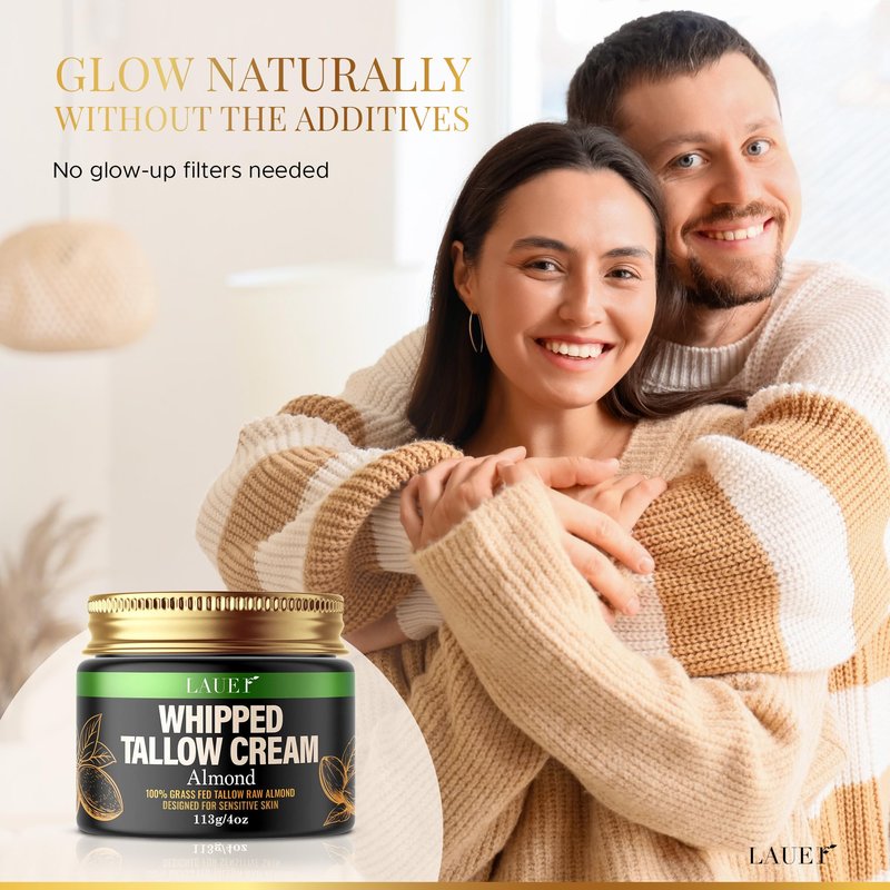 Whipped Tallow Cream 100% Grass-Fed Beef With Raw Almond Non-Greasy Deeply Moisturizer for Face Body Reduces Skin Irritation Sensitivity Smooth Soft Dry Skin Hydrating Treatment for Women 4oz