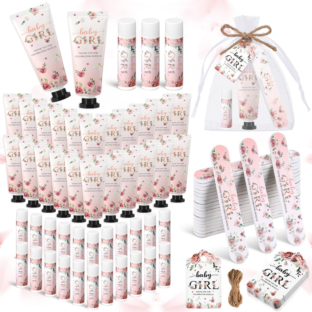 Leelosp 50 Sets Baby Shower Favors for Guests Baby Shower Hand Cream and Lip Balm Bulk Gift Set Thank You Gift Travel Size Hand Lotion Lip Balm with Nail File Party Favors