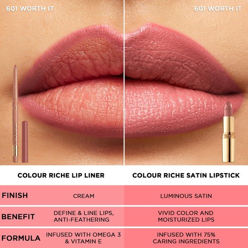 L’Oréal Paris Colour Riche Lipstick and Lip Liner Set, Includes 1 Satin Lipstick and 1 Creamy Lip Pencil For Bold, Nourished Lip Color, Worth It, 1 Kit