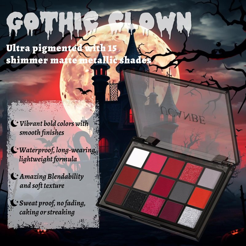 UCANBE Red Eyeshadow Makeup Palette, 15 Colors Burgunry Gray Silver Shimmer Matte Glitter Metallic Eye Shadow Pallet, Pigmented Make Up Kit for Halloween Parties Christmas Joker Vampire Clown
