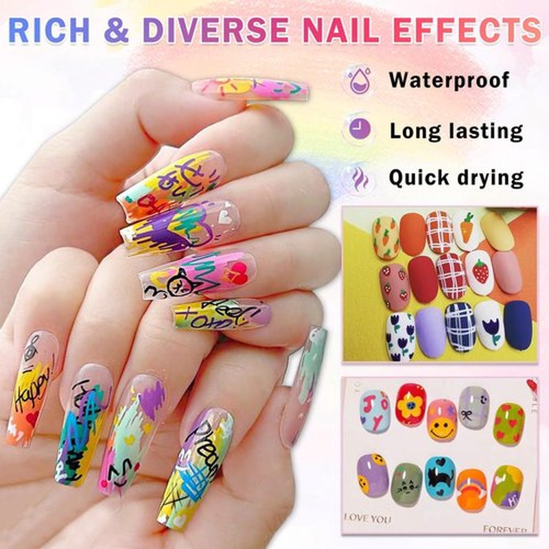 IONSGAKO 12 Colors Nail Art Pens Set Nail Polish Pens Nail Art Drawing Pen Quick Dry Waterproof Nail Art Painting Pens kit for Home DIY Nail Art Design