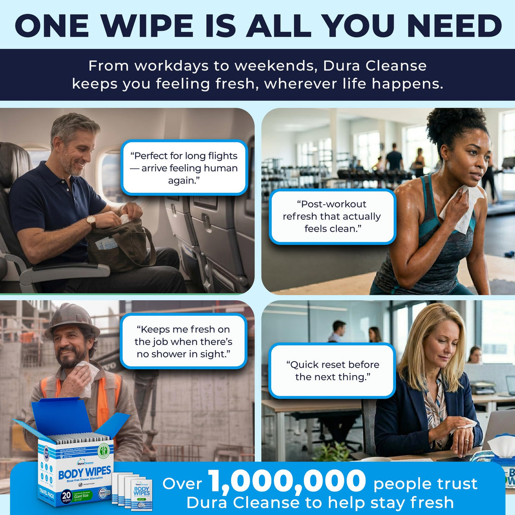 Body Wipes for Adults Bathing No Rinse - 20 Count Travel Shower Wipes - 10 x 10" Individually Wrapped Thick Cleansing Waterless Wash Scrubs - Disposable Washcloths for Camping & Elderly Incontinence