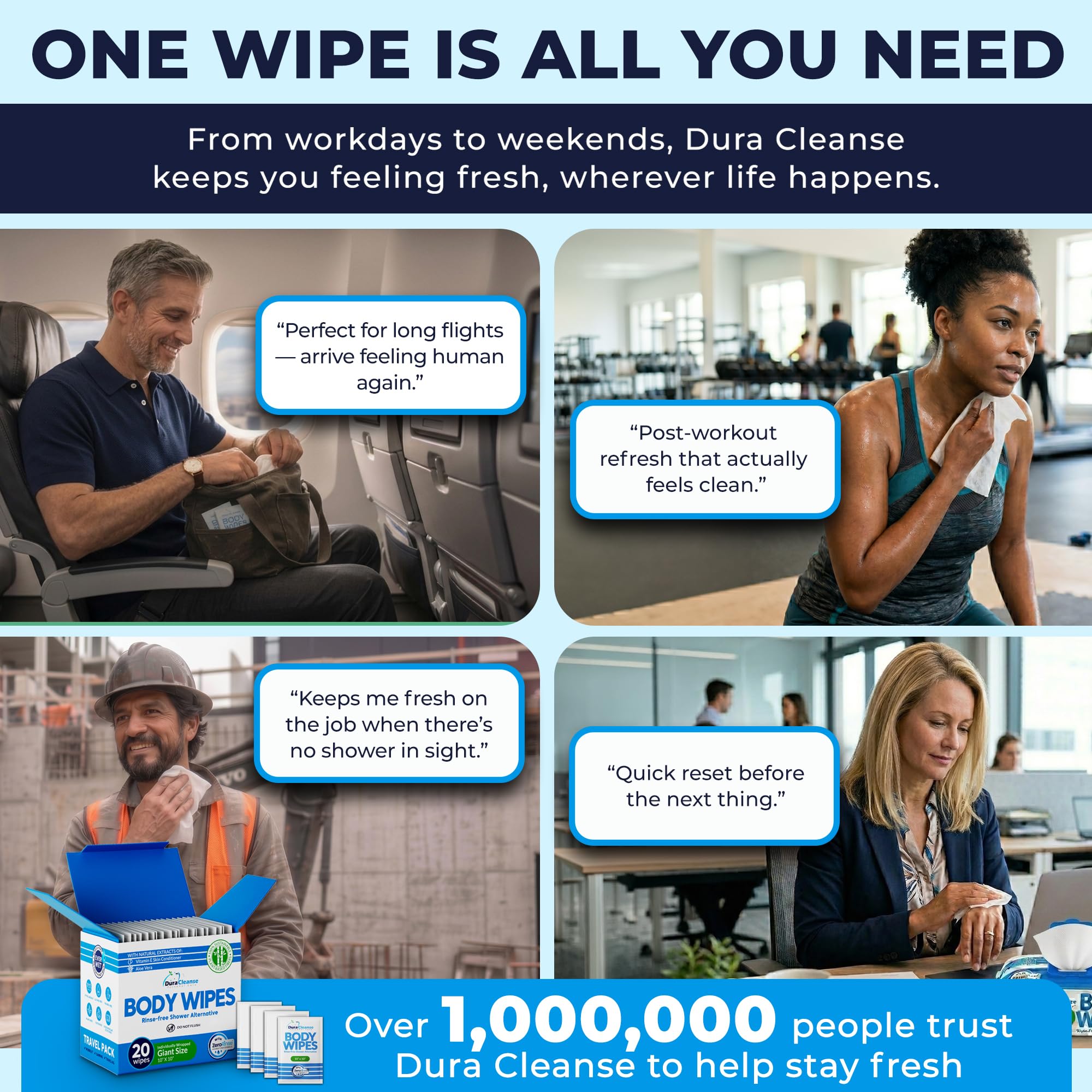 Body Wipes for Adults Bathing No Rinse - 20 Count Travel Shower Wipes - 10 x 10" Individually Wrapped Thick Cleansing Waterless Wash Scrubs - Disposable Washcloths for Camping & Elderly Incontinence
