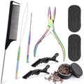 NEWISHTOOL Hair Extension Tool Kit, Micro Links Beading Pliers, Loop Pulling Hook Threader Bead Device Tool and 300 PCS Silicone Beads Hair Styling Accessories, Micro Rings Feather Extension Tools
