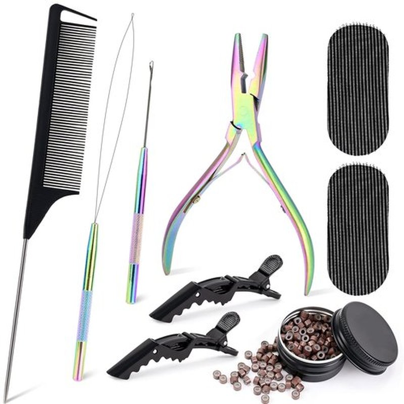 NEWISHTOOL Hair Extension Tool Kit, Micro Links Beading Pliers, Loop Pulling Hook Threader Bead Device Tool and 300 PCS Silicone Beads Hair Styling Accessories, Micro Rings Feather Extension Tools