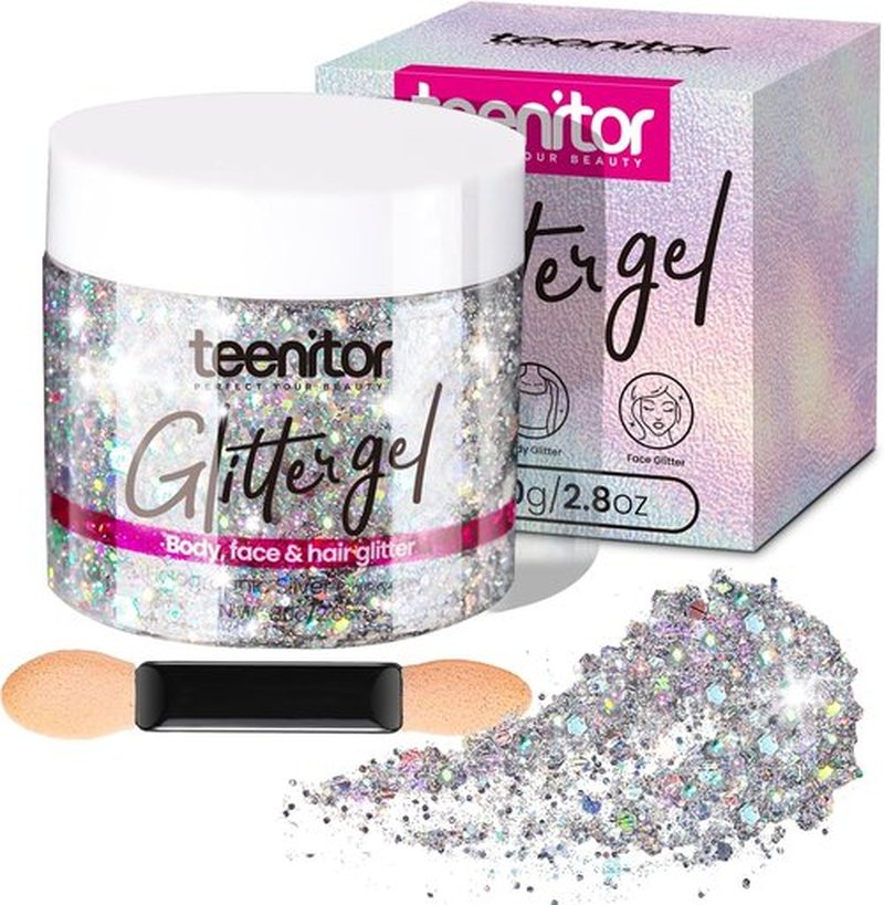 Teenitor Body Glitter Gel - Holographic Chunky Makeup for Face, Hair & Eyes | Silver