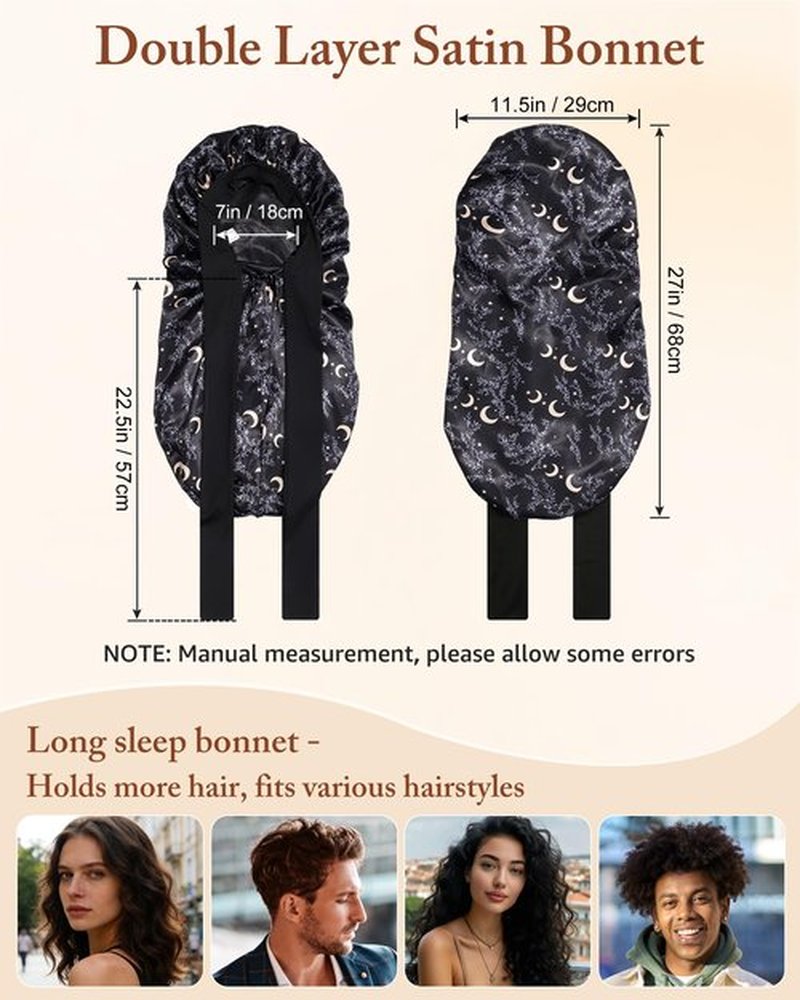 AWAYTR Long Satin Bonnet for Women - Double Layer Elastic Silk Bonnet for Braids Hair Sleeping Cap with Tie Band (Star and Moon+Black)