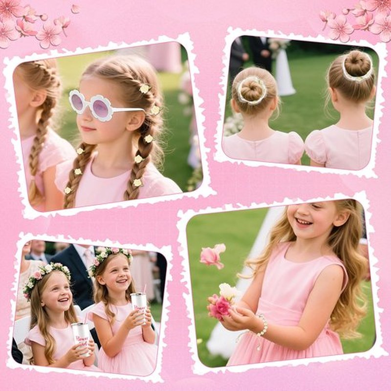 40pcs Flower Girl Proposal Gifts Set of 2, White 12oz Tumbler Sunglasses Pearl Bracelet Diamond Pen Hair Ties Flower Girl Sets for Little