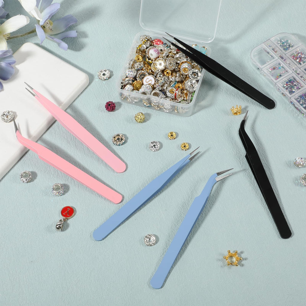 JJUNW 6 PCS Stainless Tweezers Straight Curved Tweezers, 3 Colors Precision Tweezer with Protective Cover for Eyelash Extensions Nail Art Stickers Electronics Scrapbooking Tools