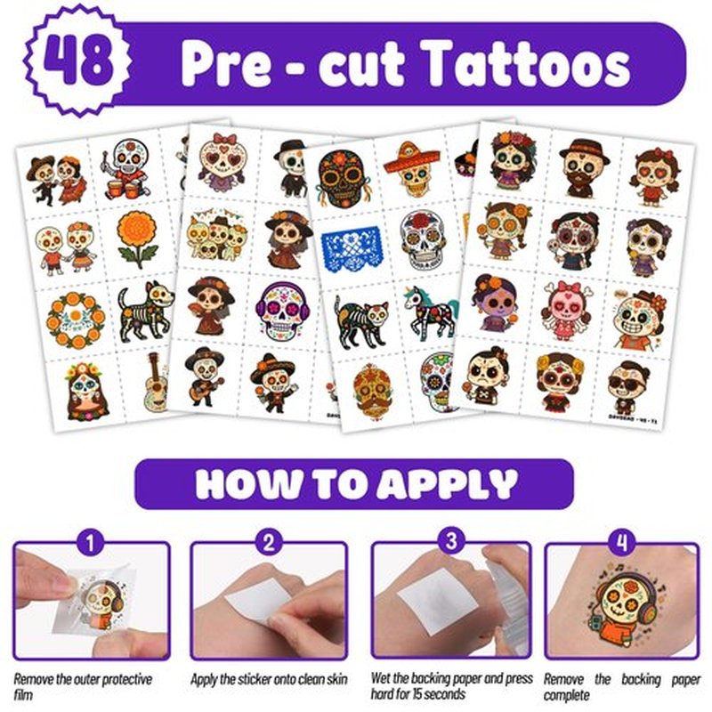 Cherisnowy 72PCS Day of the Dead Party Set | 48PCS Temporary Tattoos & 24PCS Slap Bracelets Fun Día de los Muertos Birthday Supplies, Baby Shower Gifts, Classroom Rewards & Party Decor for Kids