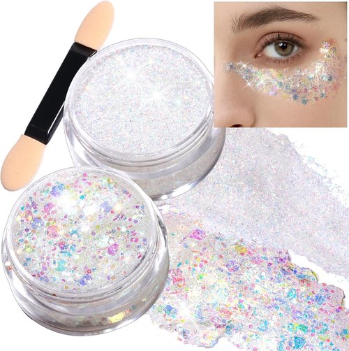 Teenitor Face Glitter Set - 2pcs Versatile Body & Hair Glitter Gel | 20g White Makeup Glitter