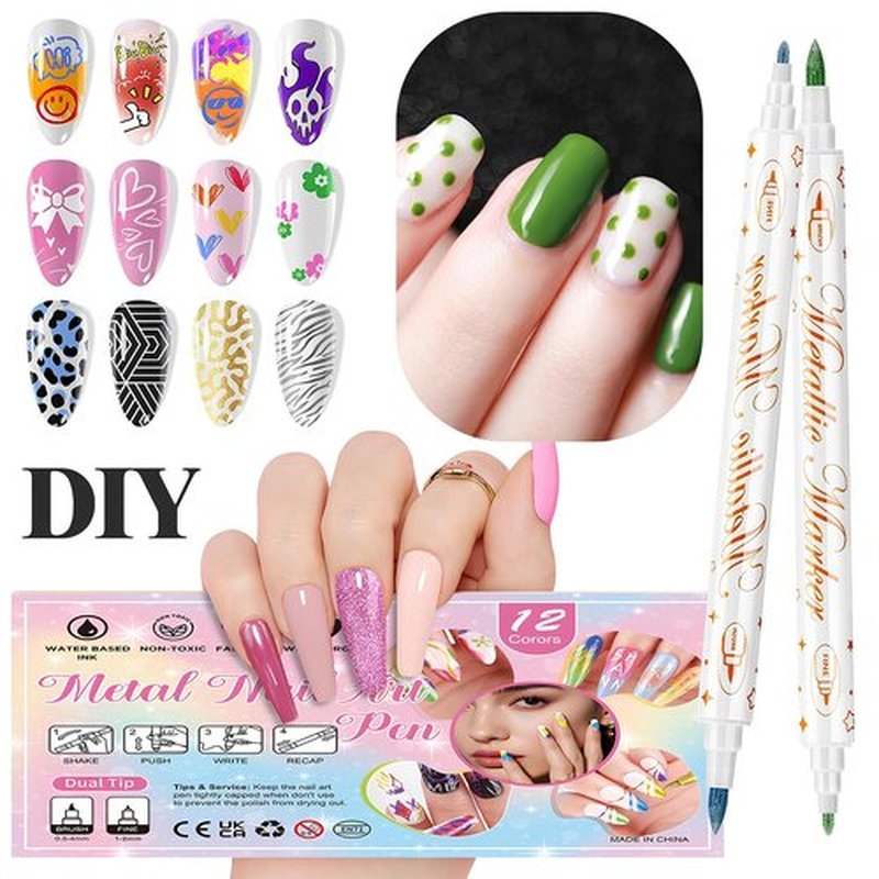 12 Colors Metallic Nail Art Pens Set, Double-Ended Nail Marker Pens for Nail Art Dotting Line Painting Designs, Water Based Quick Dry Paint Markers for DIY Manicure, Home & Salon Use