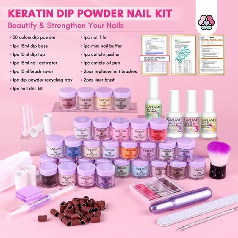 SAVILAND Dip Powder Nail Kit with Drill: Starter Set 30 Colors Summer Spring Keratin Dip Nails Powder with Dipping Liquid Set Activator Base Top Coat Cuticle Oil for DIY Manicure Art Christmas Gift