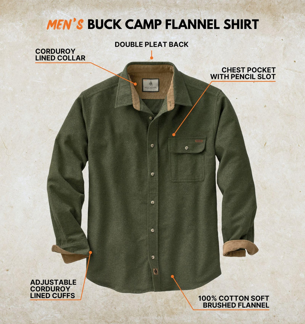 Legendary Whitetails Mens Long Sleeve Button Down 100% Cotton Flannel Shirt, Army, XX-Large Tall