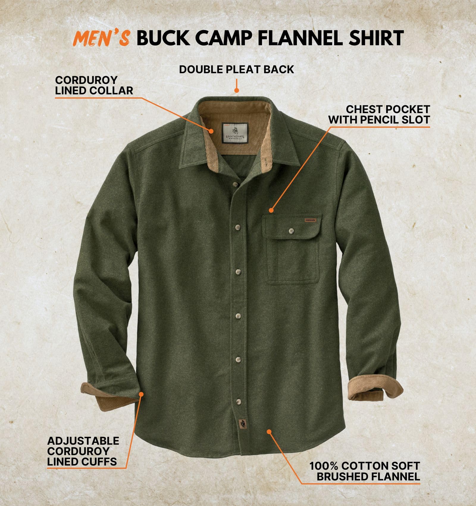Legendary Whitetails Mens Long Sleeve Button Down 100% Cotton Flannel Shirt, Army, XX-Large Tall