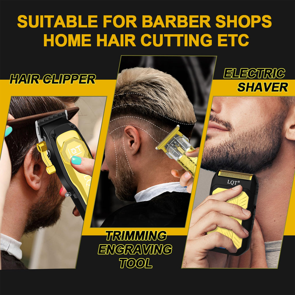 LQT Professional Cordless Hair Clippers for Men, Rechargeable Barber Clipper and Beard Trimmer Set with T-Blade, Adjustable Lever, LED Display,Haircut Trimmer Kit for Home & Barbers,Gold,Gift for Men