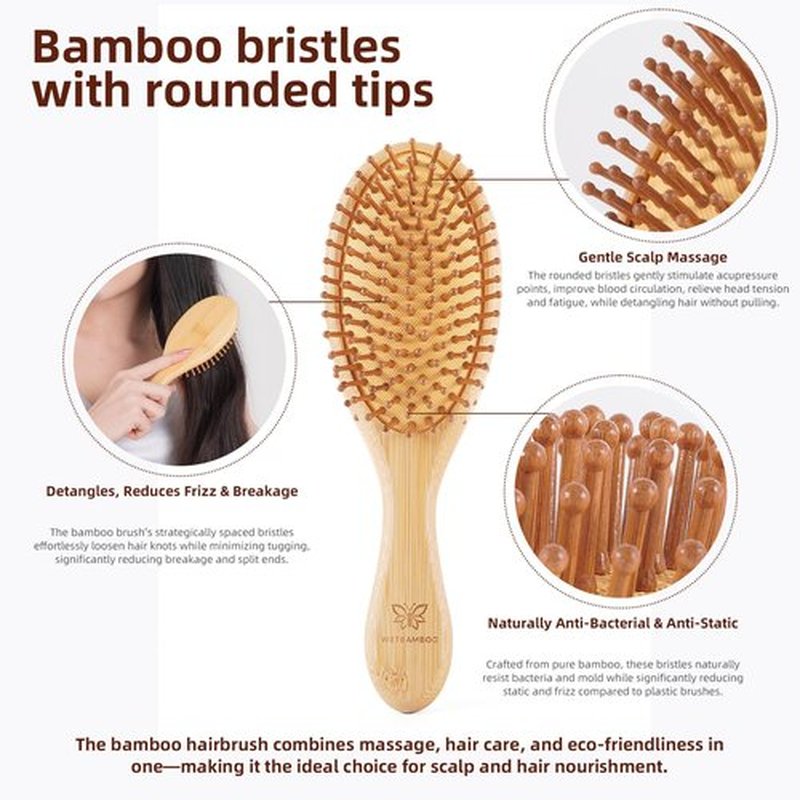 6-Pcs Bamboo Hair Brush Set-Detangling, Scalp Massage for Hair Growth, Wet/Dry Brush for Men, Women & Kids - for Thick, Curly, Thin, Long or Short - Paddle Wooden Hairbrush for Home, Travel Use