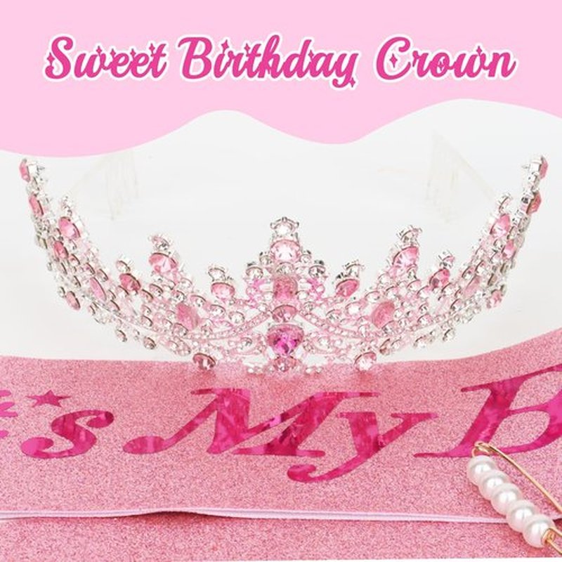 CURASA Birthday Sash and Crown for Women Pink Birthday Crown Tiara Adult Women Princess Crown Pink Decoration Party Favors Gifts