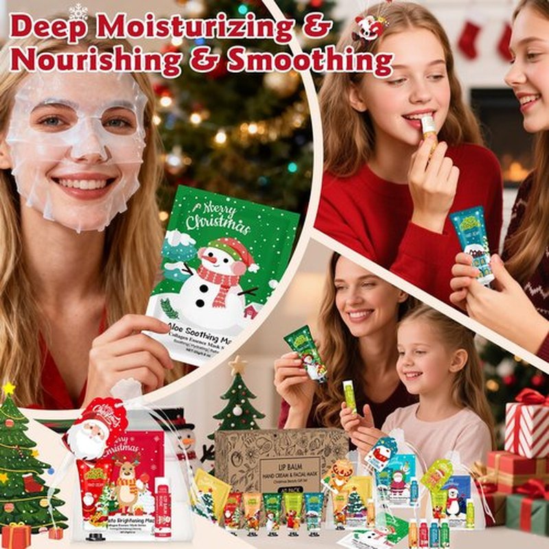 KONEUK 60 Pack Christmas Hand Cream, Facial Mask and Lip Balm Set, Stocking Stuffers for Women, Bulk Christmas Gifts for Coworkers, Party Supplies, Spa Party Favors and Decorations