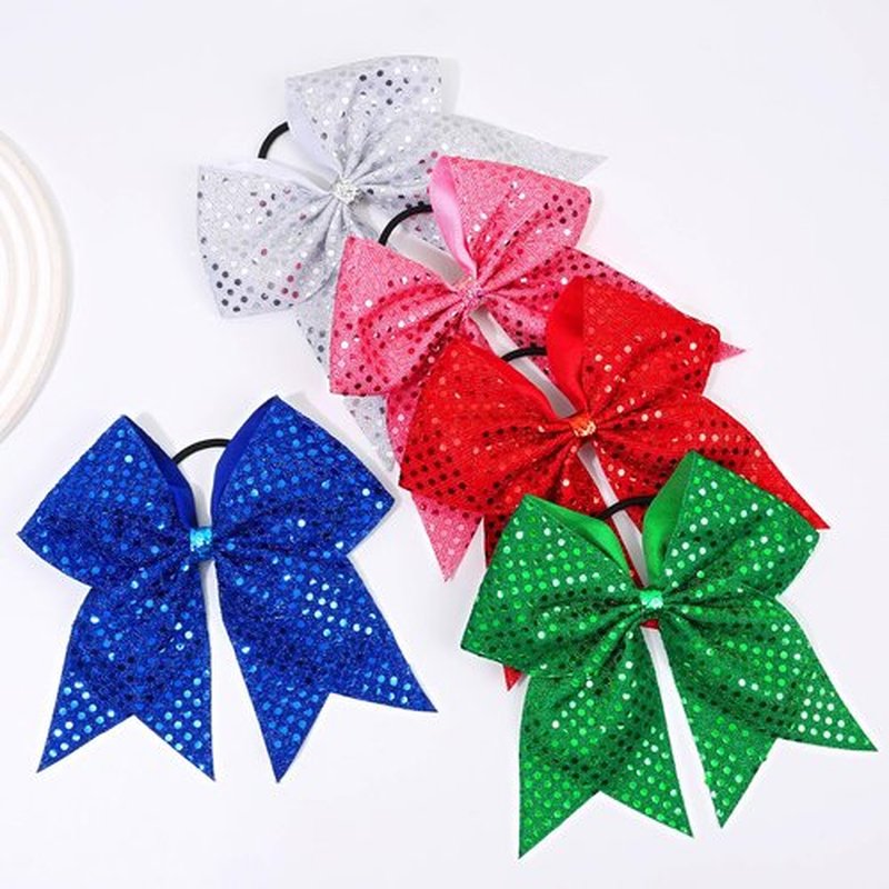 Oaoleer 12pcs Glitter Cheer Bows for Cheerleading, 7” Large Shiny Cheer Hair Bows Ponytail Holder for Cheerleader Girls Softball Sports (Pink)