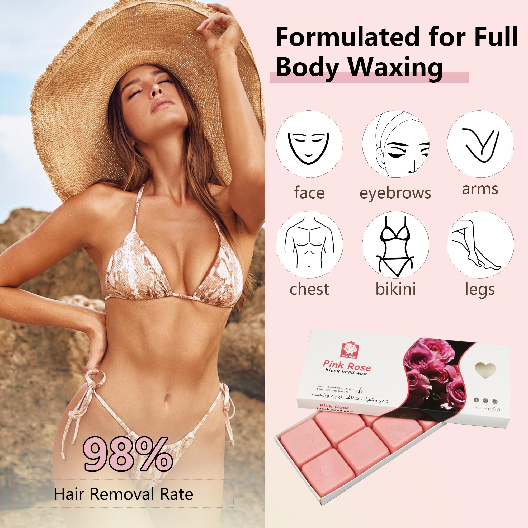EarayWax Hard Wax, 1lb Wax Blocks for Hair Removal Sensitive Skin with Rose Formula, Perfect for Full Body, Facial, Brazilian Bikini, and Legs at Home Wax Refill for Women Men