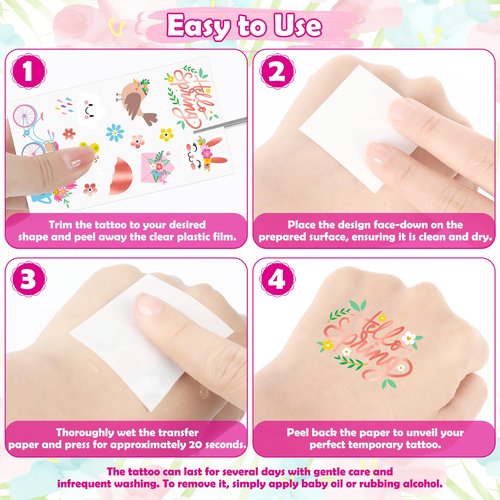 174 PCS Spring Temporary Tattoos, 12 Sheets Waterproof Hello Spring Tattoo, Rose Gold-Foil Spring Party Decorations Glitter Flowers Butterfly Egg Fillers for Easter Basket Stuffers Party Favors