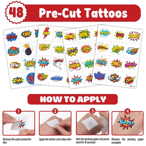 Cherisnowy 72PCS Hero Party Set - 48PCS Temporary Tattoos & 24PCS Slap Bracelets - Themed Pow Birthday Supplies, Baby Shower Gifts, Classroom Rewards & Party Decor for Kids