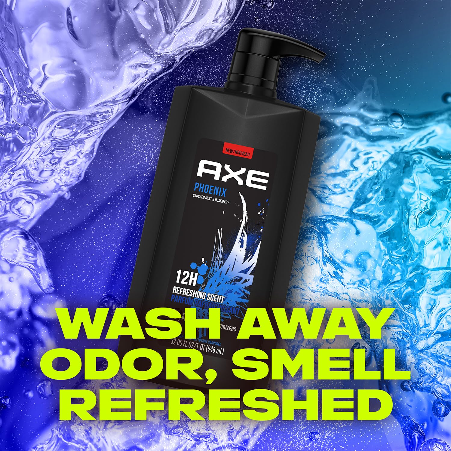 AXE Men's Body Wash & Shower Gel, Phoenix, 3-Pack, 12H Invigorating Crushed Mint & Rosemary Scent, 32 Fl Oz Each