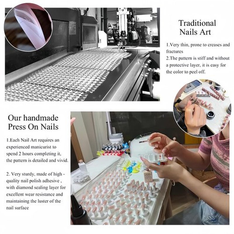 CHARMARK Press on Nails Short Square Handmade Gel Manicure, Unique Exquisite for Daily, Party, Bridal Decorations Nail Kit, 10Pcs Reusable Well Made Glue/Stick on Nail (01.pink French, S)