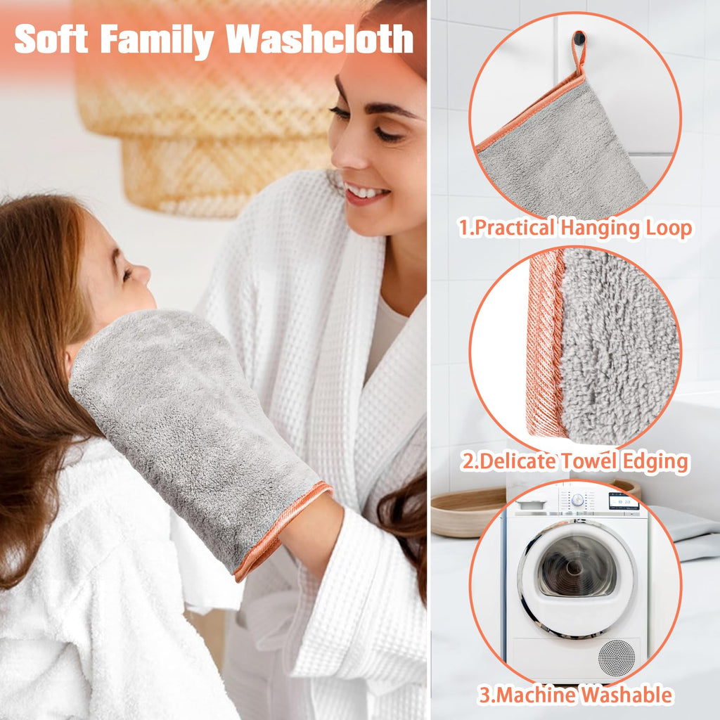 PHOGARY 8 Pack Microfiber Wash Mitts for Face Body, Super Soft Absorbent Coral Fleece Facial Cloths Bath Shower Mitt, Reusable Makeup Remover Washcloths, Gray, 6x9in