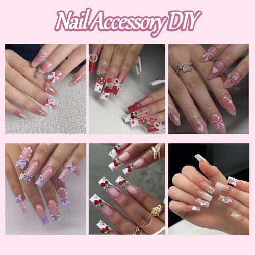 3D Flowers Nail Charms Y2K Kit, Metal Butterfly Cherry Colorful Bow Nail Charms for Nails Art Gems, Flatback Pearls Charms for Nails Bows Manicure DIY Crafts Jewelry Nail Accessories