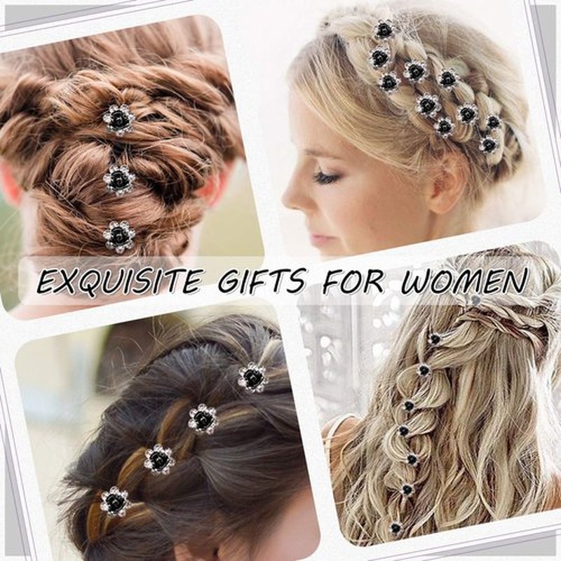 Swpeet 40Pcs Black U-Shaped Crystal Hair Pins Rose Flower Rhinestone Hair Clips Hair Accessories for Bridal Wedding Women Hair Jewelry Accessories, with Storage Bag