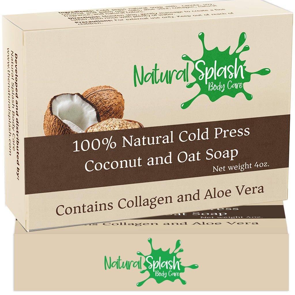 Natural Splash Body Care Natural Handmade Cold Press Bar Soap - Coconut and Oat – Aloe Vera and Vegetable Collagen - Soft Exfoliating Formula