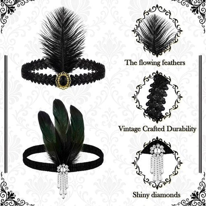 Ceenna 24 Pieces 1920s Flapper Headband Black Feather Headband Costume Flapper Headpiece 20s Rhinestone Hair Accessory for Women