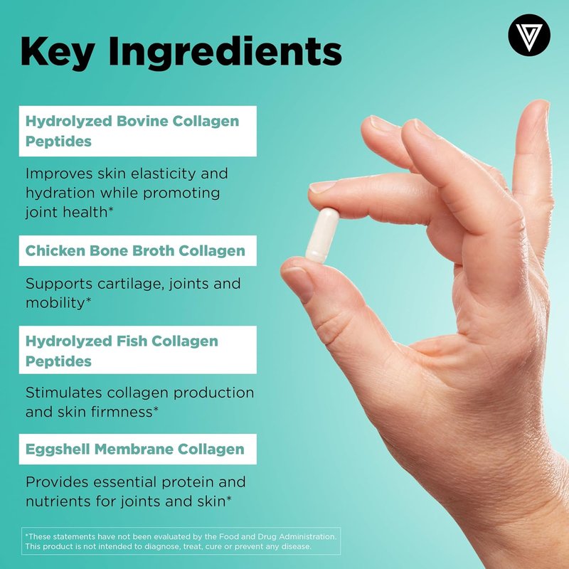 Vital Vitamins Multi Collagen Capsules - Type I, II, III, V, X - Grass Fed & Non-GMO - 150 Count