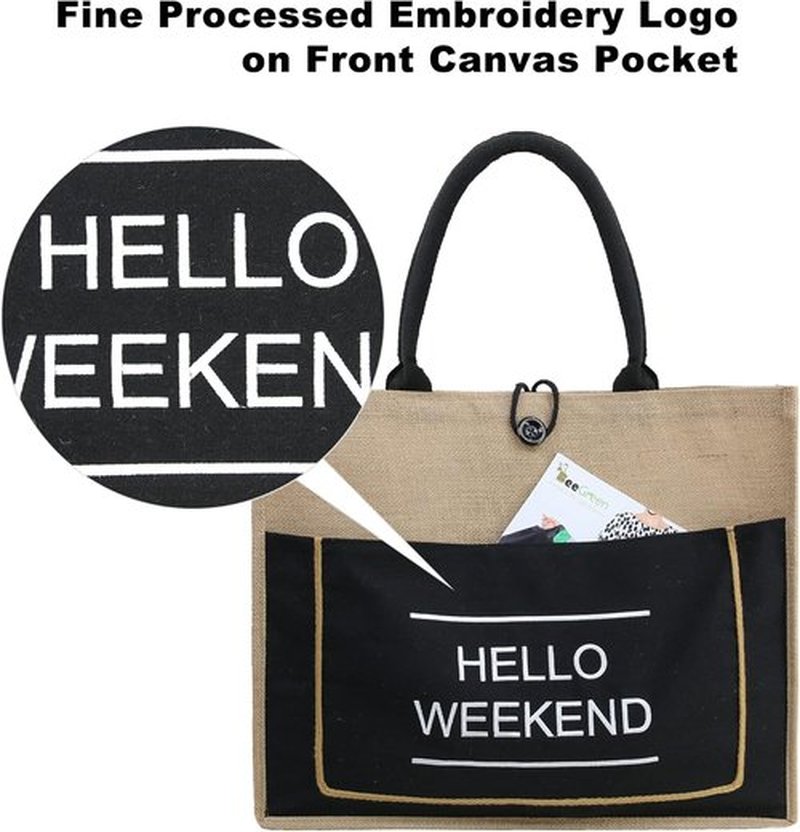 BeeGreen Jute Beach Bag - Extra Large 20'' x 16'' x 7.25'' Tote with Inner Zipper Pocket | Personalized Black Canvas Design
