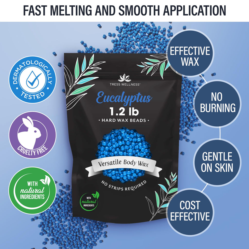 Tress Wellness Wax Beads - Safe for Skin - Dermatologically Tested - At-Home Kit for Bikini, Brazilian & Full Body - Eucalyptus 1.2 lbs