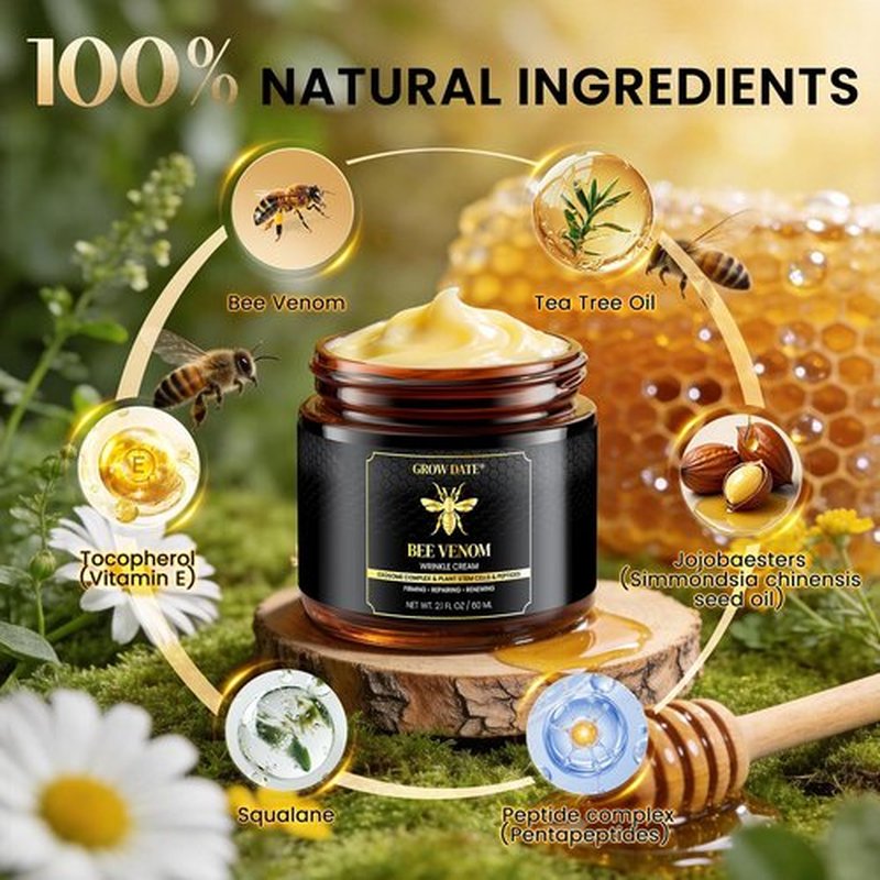 GROW DATE Bee Venom Cream - Natural - Firming & Wrinkle Reduction, Collagen Boost & Skin Brightening, Moisturizer for Face & Body, All Skin Types, 2.1oz