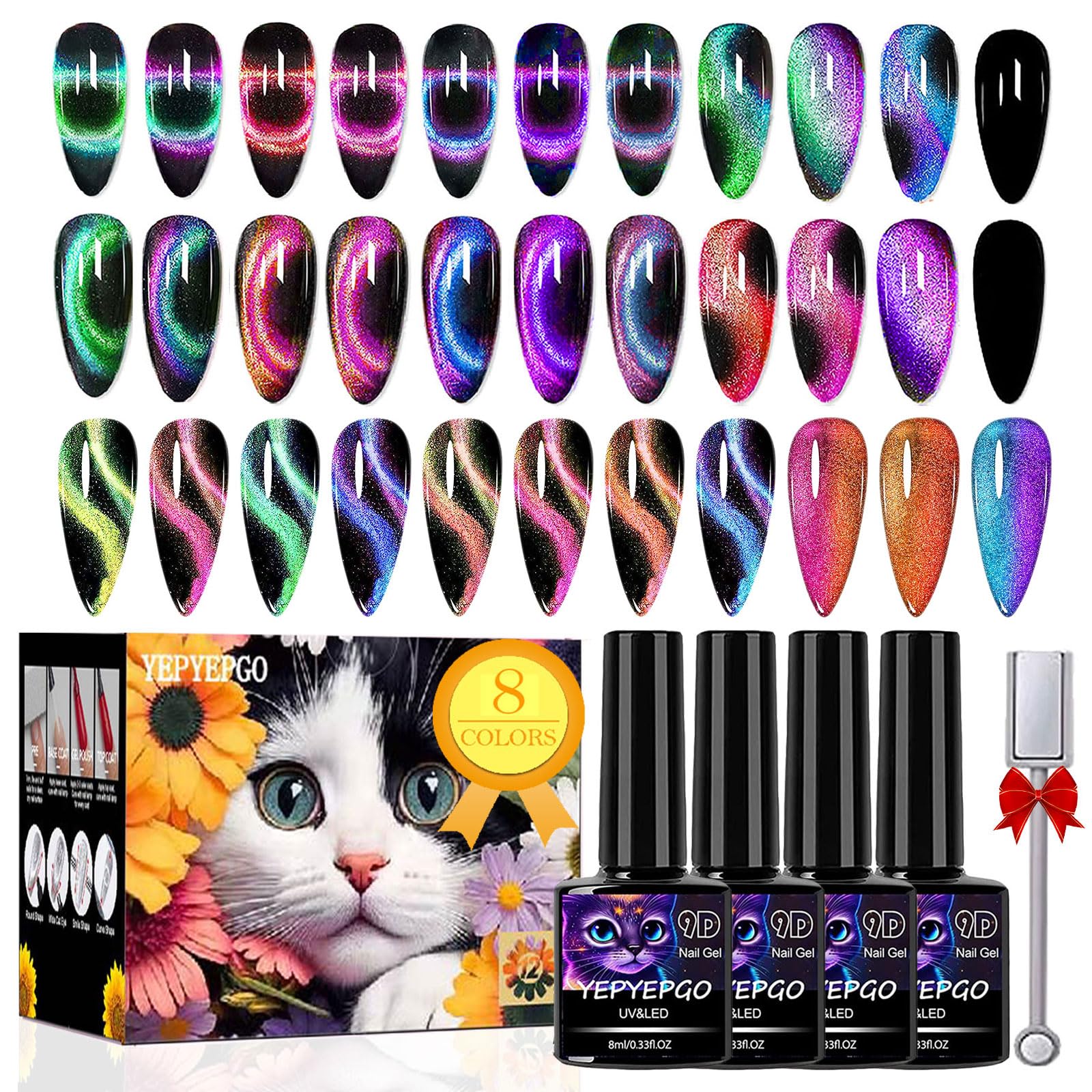 YEPYEPGO 9D Cat Eye Gel Nail Polish Set 8 Colors, Cat Eye Gel Polish with Magnet, Magnetic Cateye Chameleon Galaxy Effects Professional Use for Salon