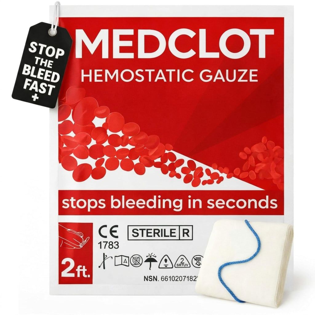 MEDCLOT Hemostatic Gauze – Stops Bleeding Fast - Blood Clotting Bandage with Kaolin - Bleed Stop for Wounds & Emergencies - Sterile Compressed Dressing, 2ft Roll, Expires 2029