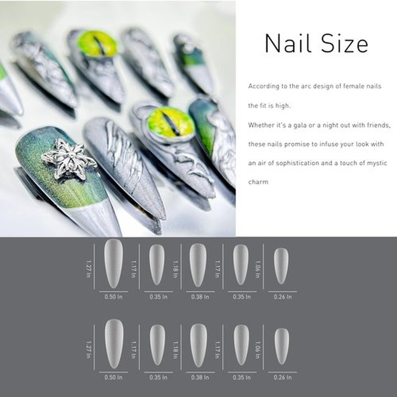 Press on Nails Handmade Luxury Acrylic Material Long Style Almond Reusable Halloween Goth Nail Kit with Nail Glue for Women and Girls 10pcs (Green Dragon Eyes-S, One Size)