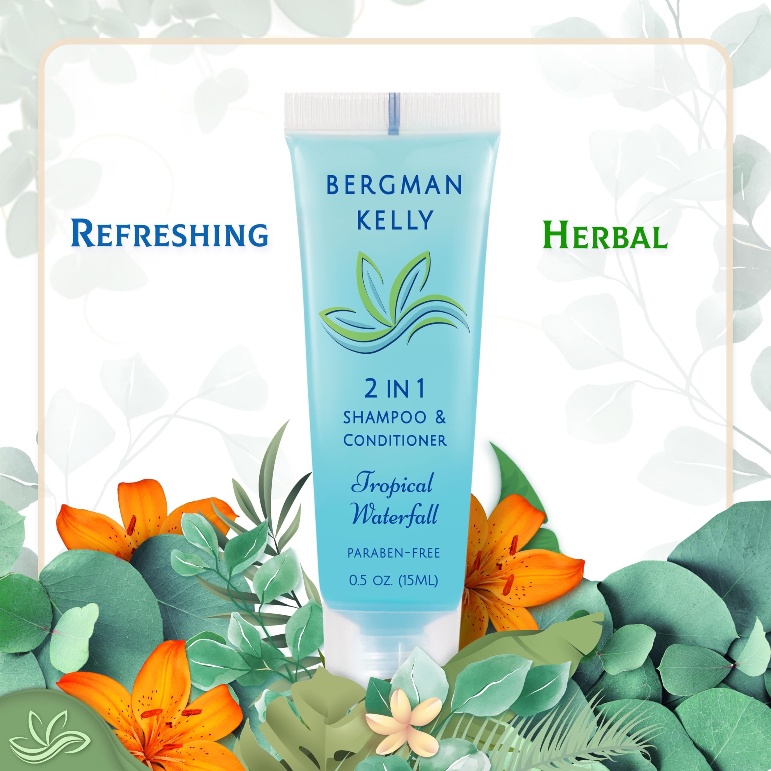 Bergman Kelly - Travel Size 2 in 1 Shampoo & Conditioner - 0.5 fl oz, 200 PK, Tropical Waterfall - Delight Your Guests w/Invigorating & Refreshing Shampoo Amenities - Small Hotel Toiletries in Bulk