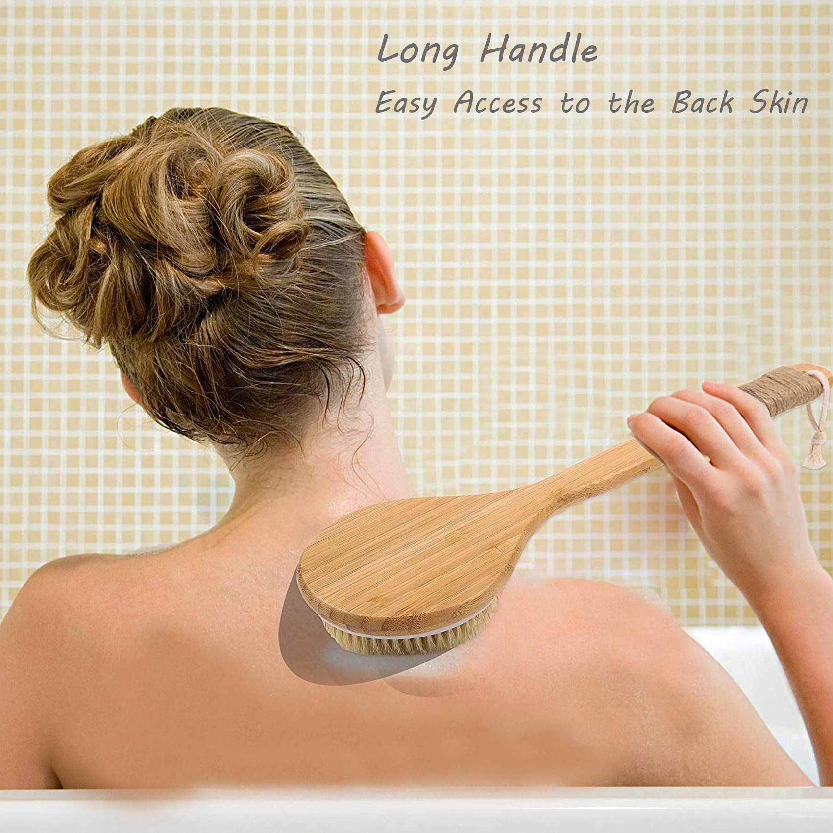 TEMEAYE Dry Brushing Body Brush, Wooden Handle, Natural Bristles, 2Pcs-Set