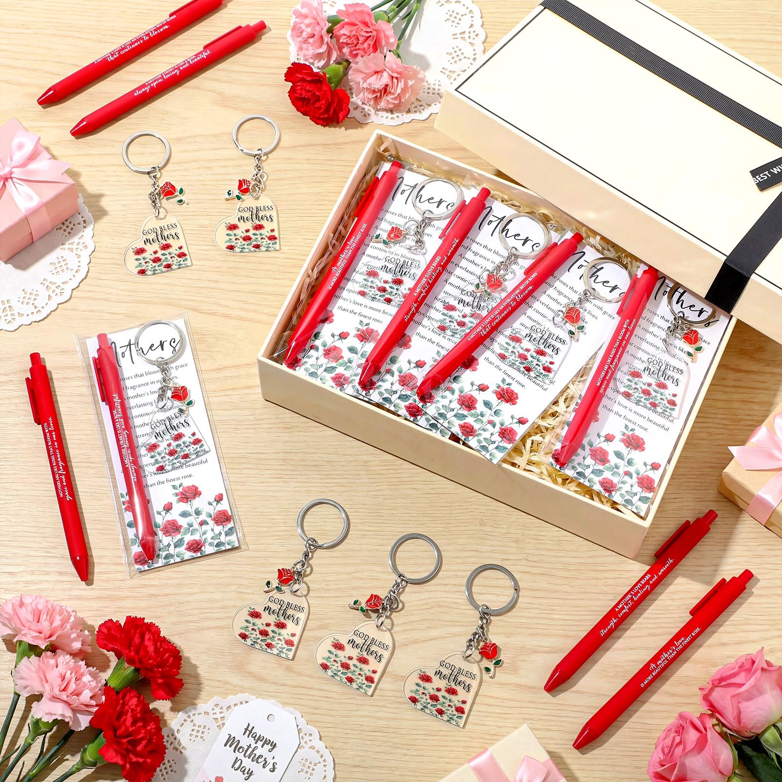 Motiskyy 18 Sets Happy Mother's Day Rose Gifts bulk Red Ballpoint Pens Heart Rose Christian Keychain with Bless Card Bag Positive Affirmative Appreciation Gift for Mom Women Birthday Office Supplies