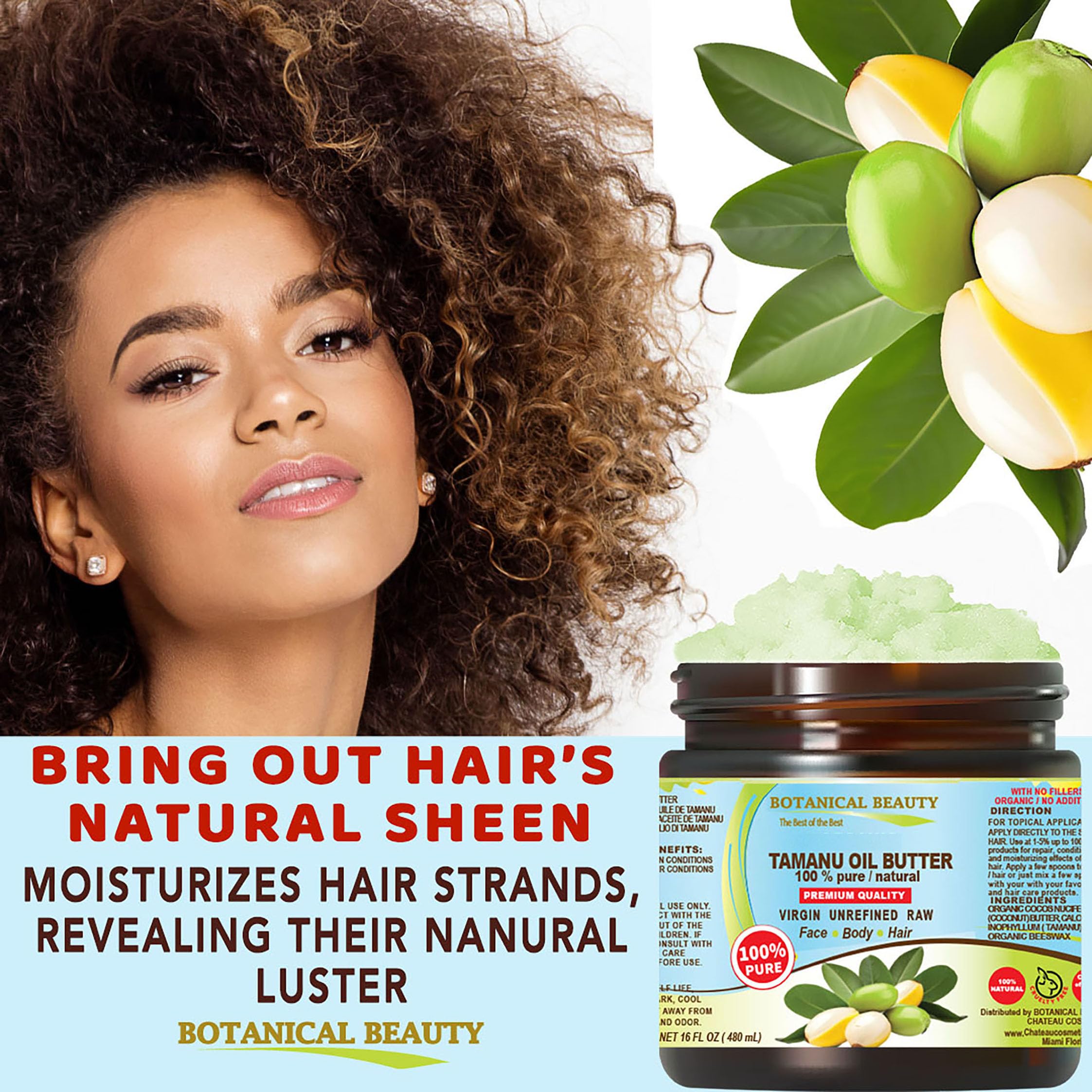 Botanical Beauty TAMANU OIL BUTTER RAW 100% Pure Natural VIRGIN UNREFINED Cold-Pressed Carrier for Face, Skin, Body, Hair, Lip, Nails. Rich in Vitamin E (4 Fl Oz)