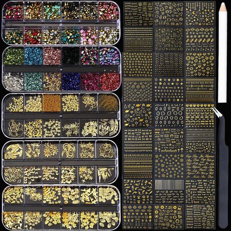 Nail Charms Nail Art Kit with 30 Sheets Gold Nail Stickers 5 Boxes of Nail Gems Nail Art Tools Nail Rhinestones for Nails Nail Supplies 3D Nail Charms and Gems Nail Decals Nail Pearls