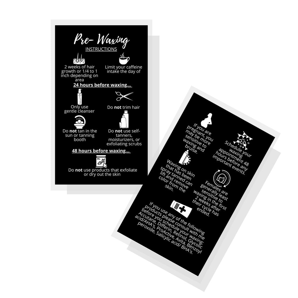 Waxing Aftercare Cards | 50 Pack | Size 2 x 3.5” inches Business Card Size | Waxing Aftercare Kit Cards PMU | Aftercare Instructions Black with Icons Design (Pre-Waxing)