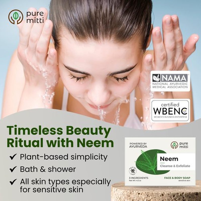 Pure Mitti Neem Soap Bars [4.5 oz x 3 Pcs.] Organic Ayurvedic Soap for Face & Body with Neem, Castor Oil & Coconut Oil – Cold Process, Plastic-Free, Herbal Cleansing